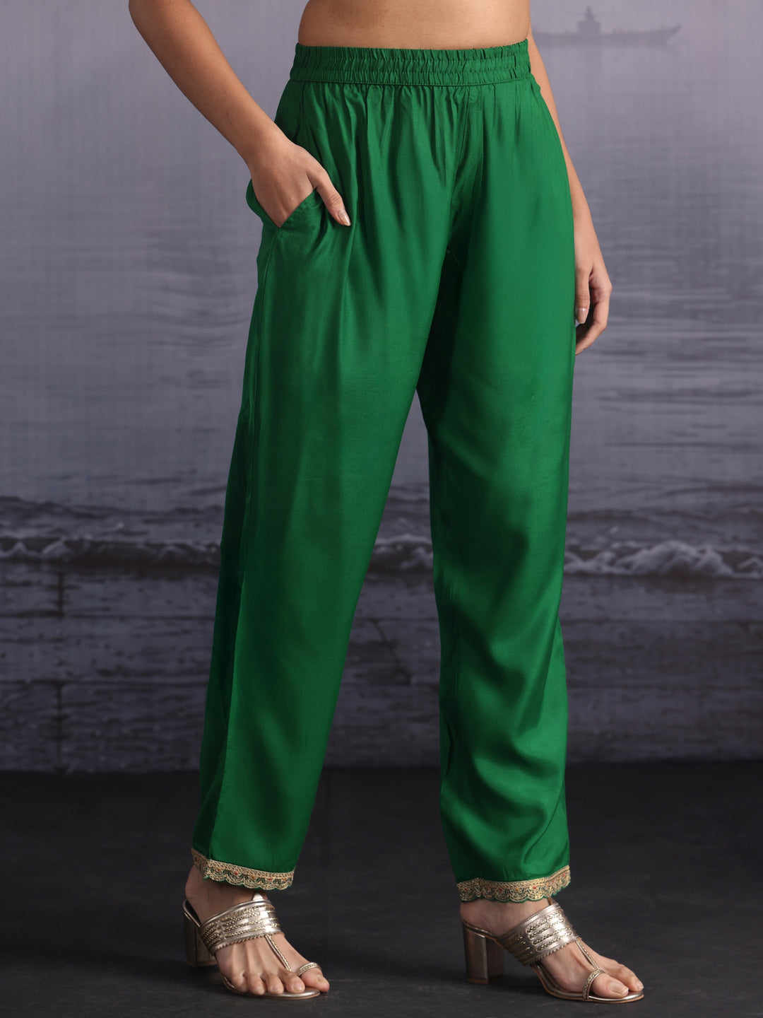  Libas Green Ethnic Printed Silk Blend Straight Suit Set 