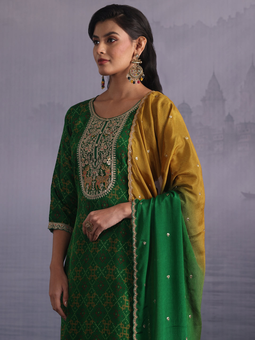  Libas Green Ethnic Printed Silk Blend Straight Suit Set 