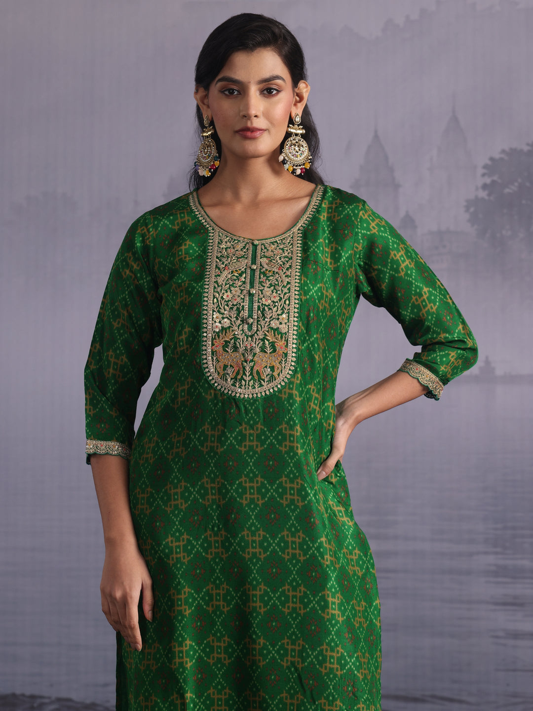  Libas Green Ethnic Printed Silk Blend Straight Suit Set 
