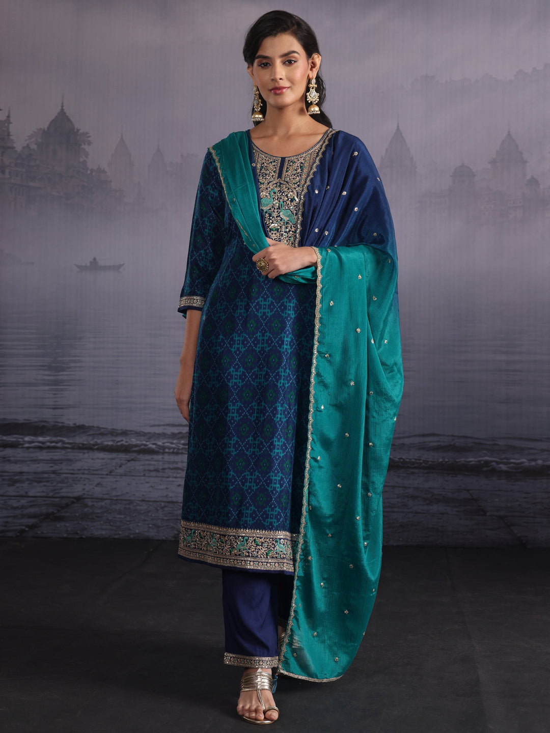  Libas Deep Blue Ethnic Printed Silk Blend Straight Suit Set 