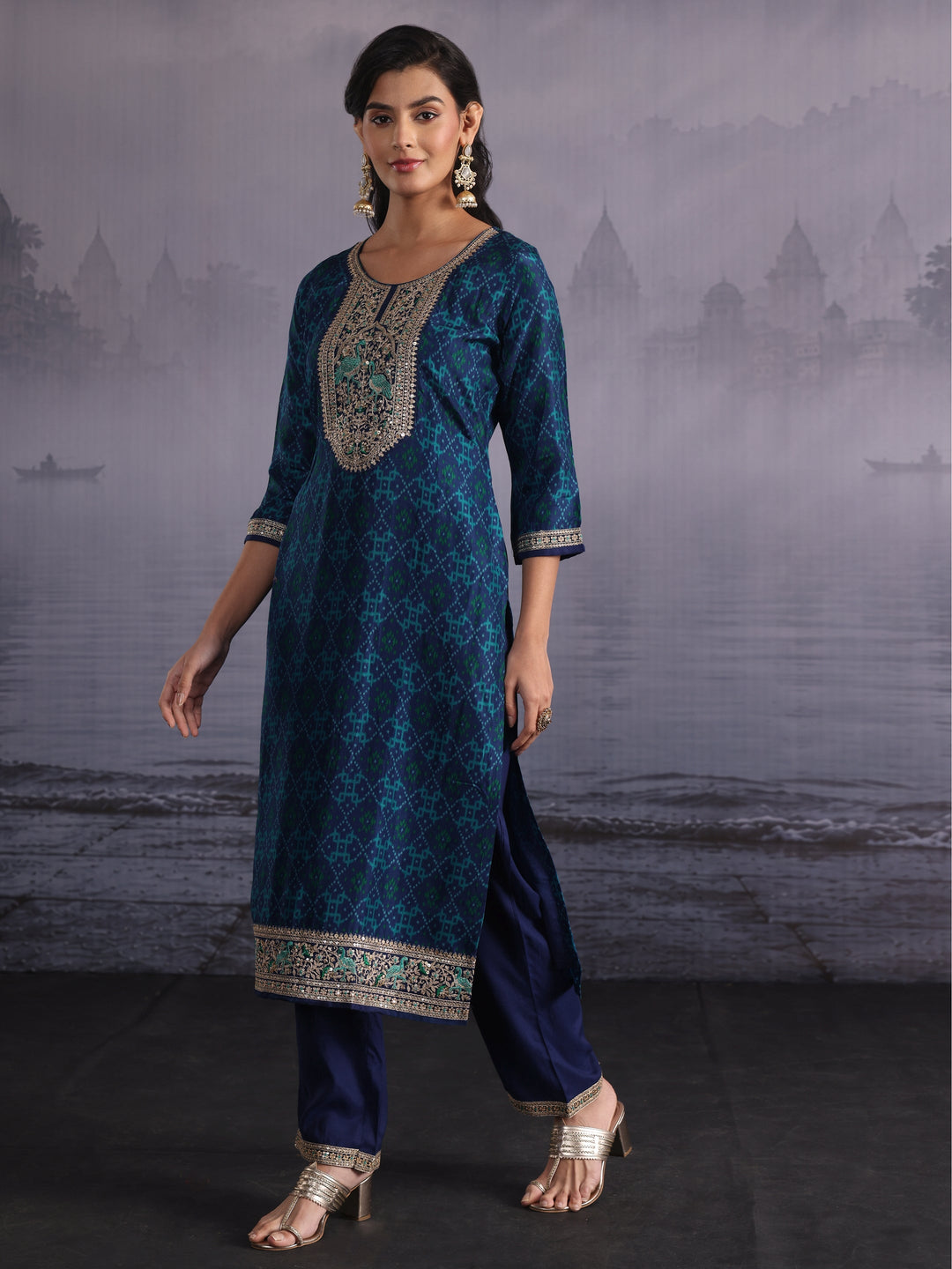  Libas Deep Blue Ethnic Printed Silk Blend Straight Suit Set 
