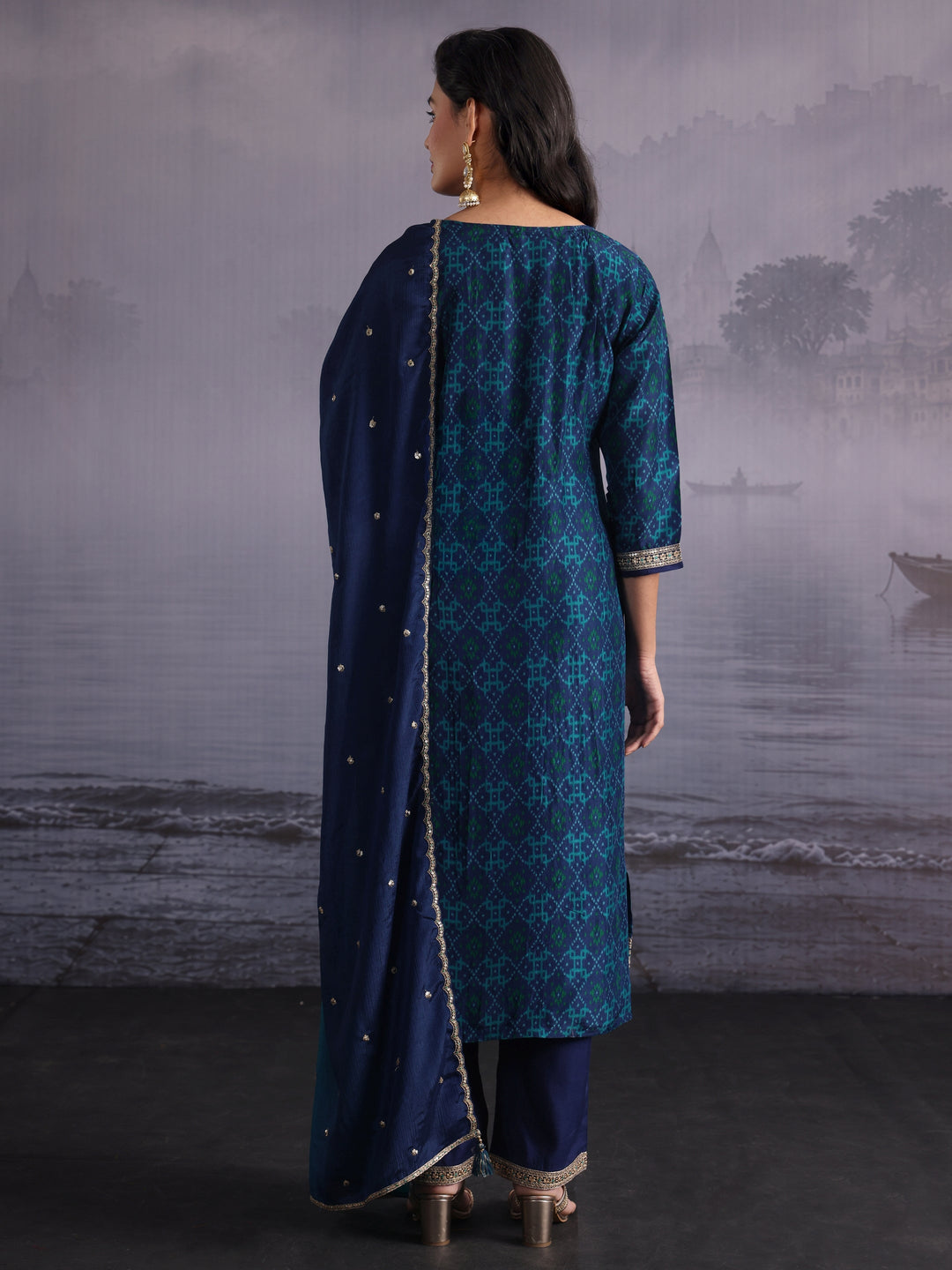  Libas Deep Blue Ethnic Printed Silk Blend Straight Suit Set 