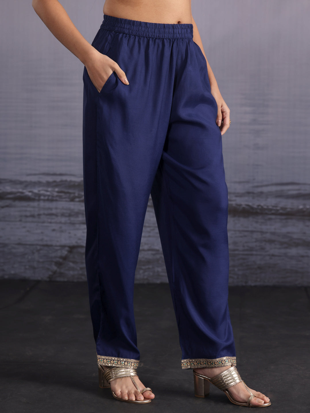  Libas Deep Blue Ethnic Printed Silk Blend Straight Suit Set 