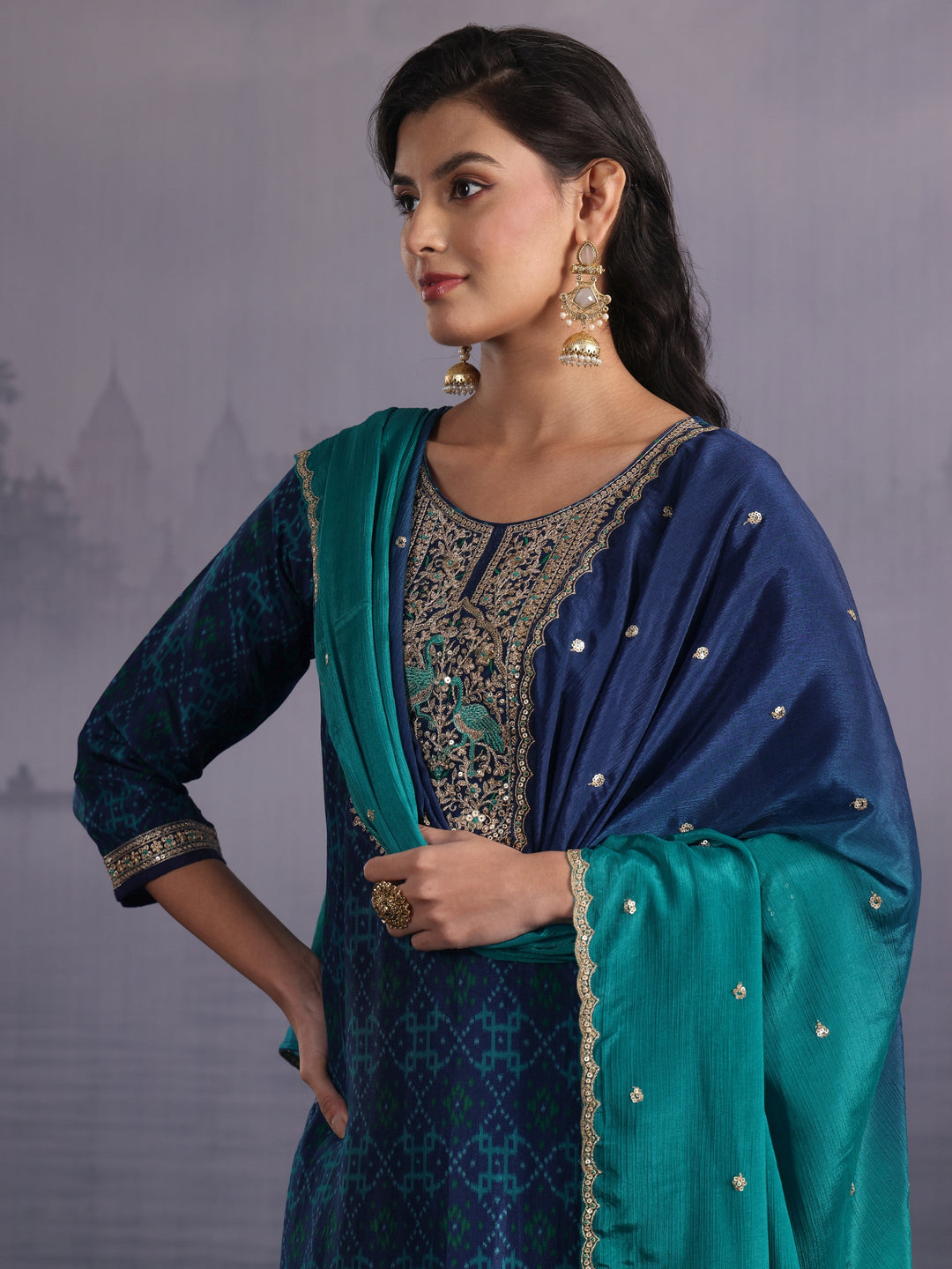  Libas Deep Blue Ethnic Printed Silk Blend Straight Suit Set 