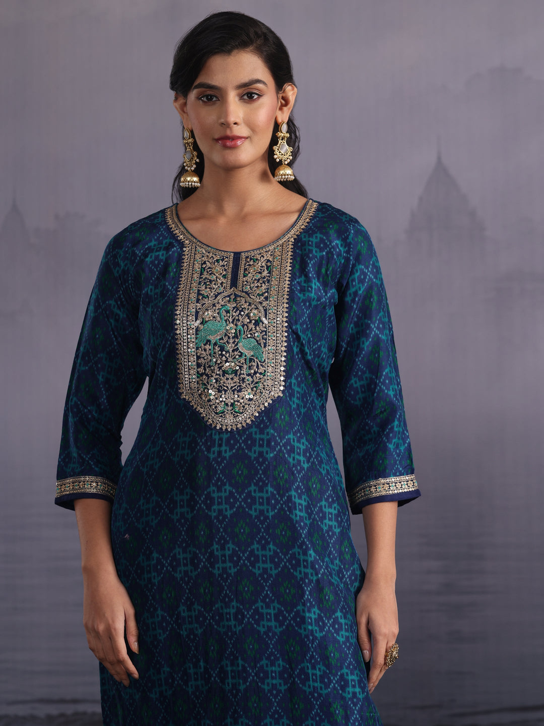  Libas Deep Blue Ethnic Printed Silk Blend Straight Suit Set 