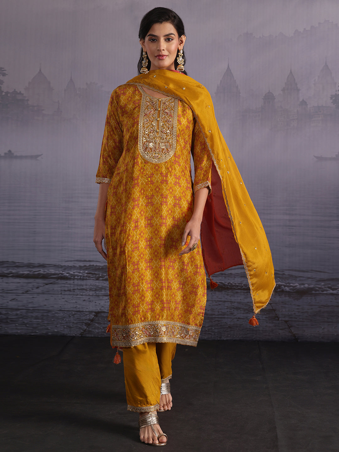  Libas Mustard Ethnic Printed Silk Blend Straight Suit Set 