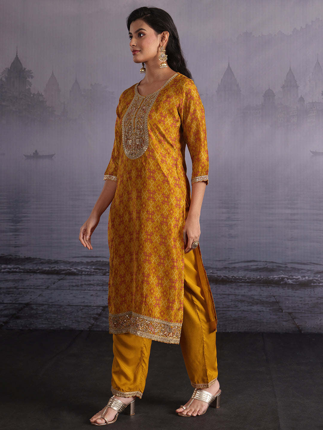  Libas Mustard Ethnic Printed Silk Blend Straight Suit Set 