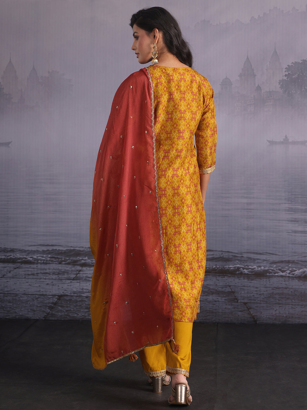  Libas Mustard Ethnic Printed Silk Blend Straight Suit Set 