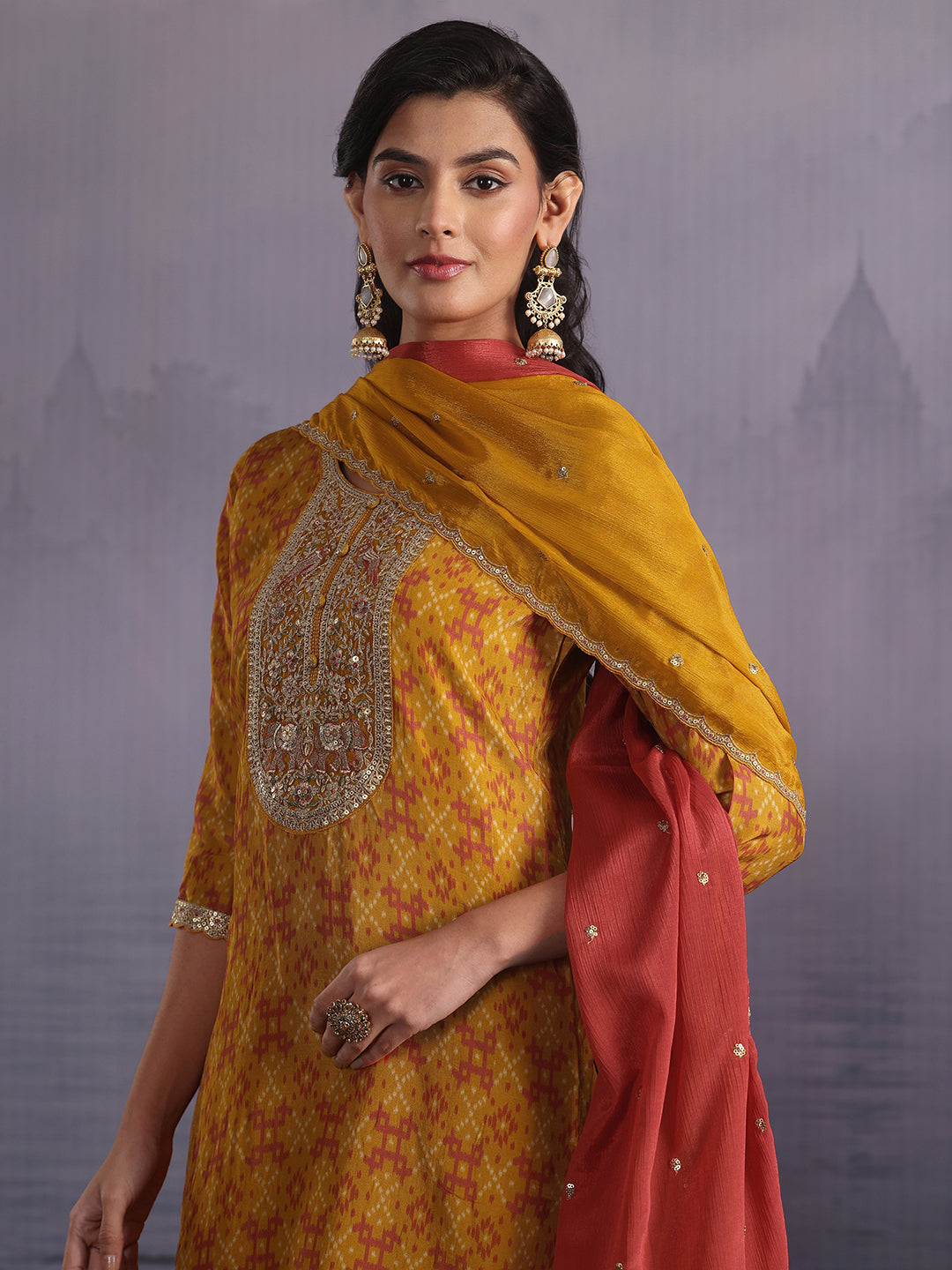  Libas Mustard Ethnic Printed Silk Blend Straight Suit Set 