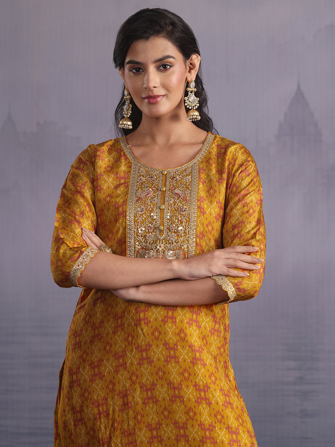  Libas Mustard Ethnic Printed Silk Blend Straight Suit Set 