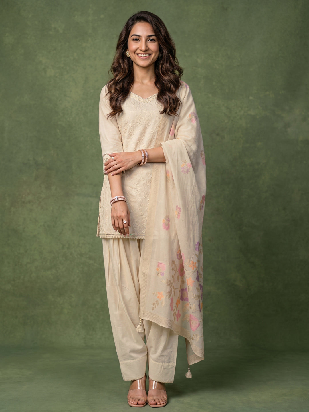  Libas Off White Floral Embroidered Cotton Farshi Salwar Suit 