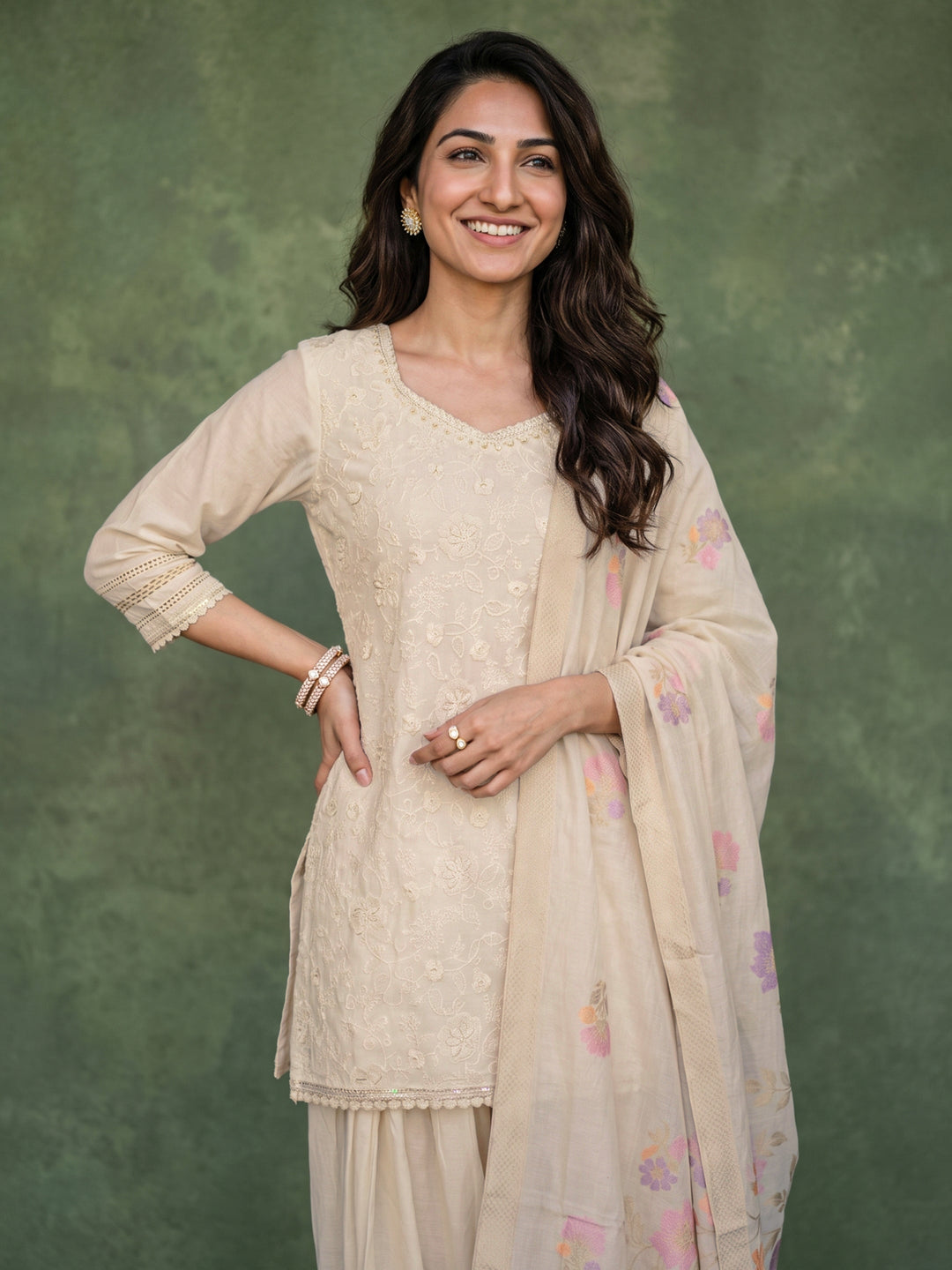 Libas Off White Floral Embroidered Cotton Farshi Salwar Suit 