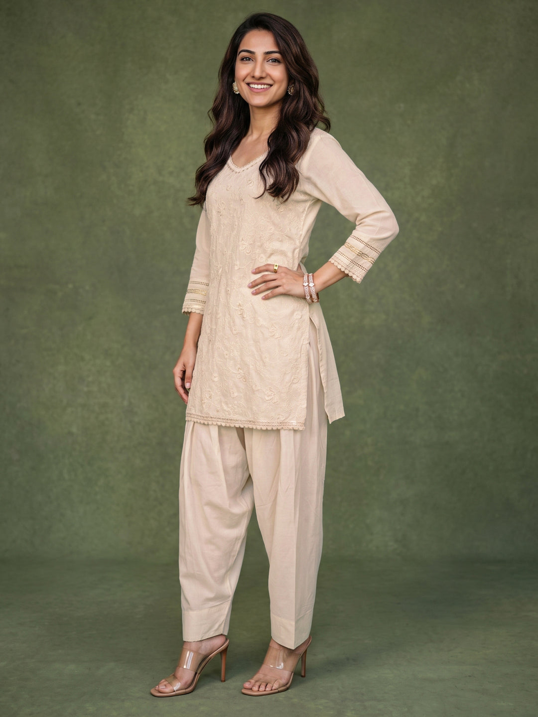  Libas Off White Floral Embroidered Cotton Farshi Salwar Suit 