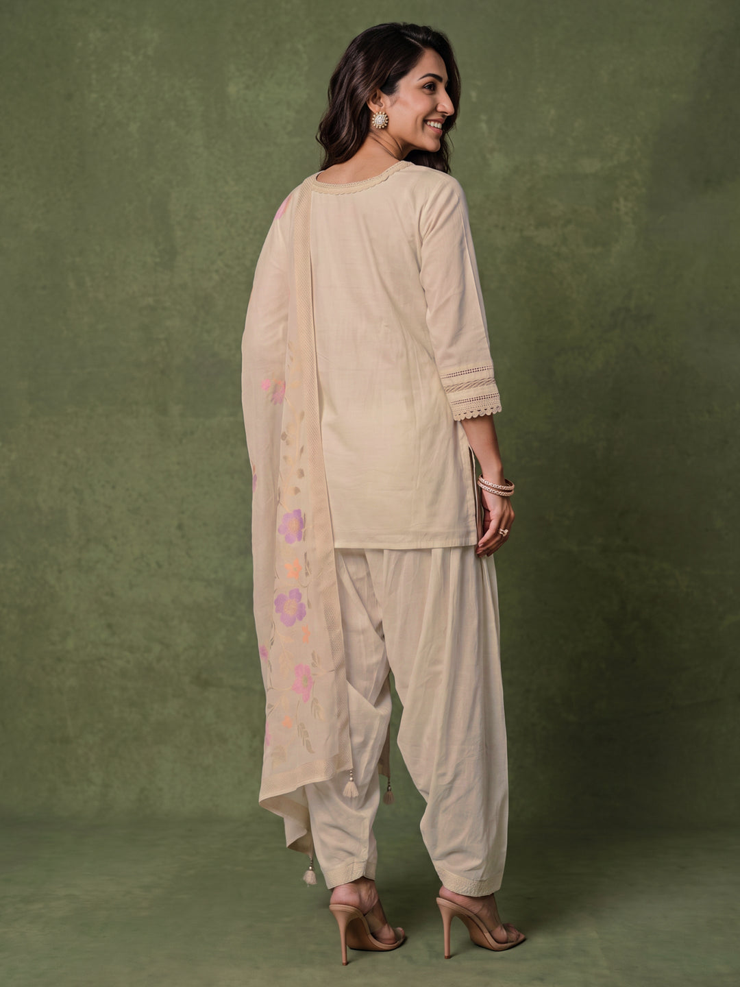  Libas Off White Floral Embroidered Cotton Farshi Salwar Suit 