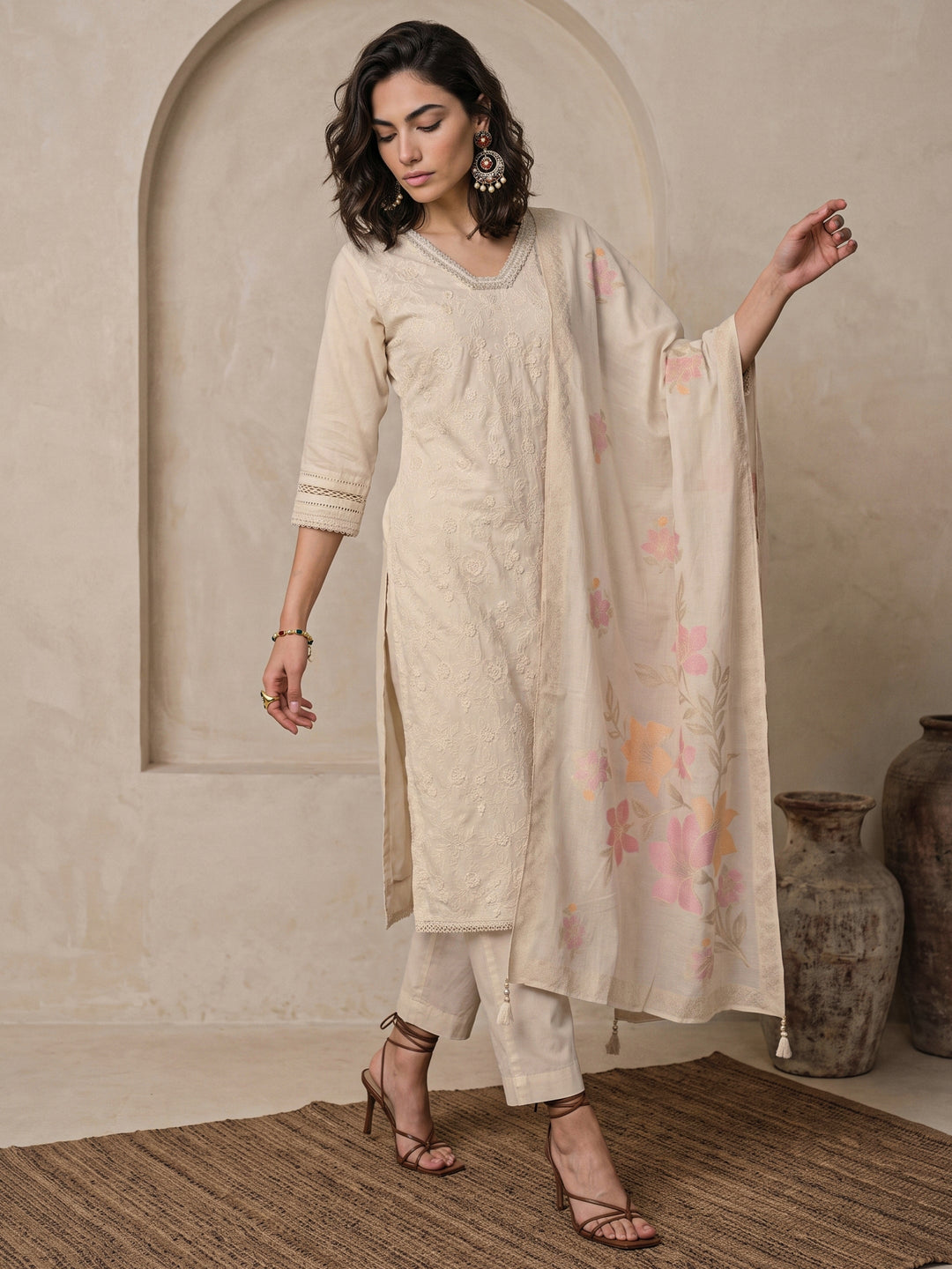  Libas Off White Floral Embroidered Cotton Straight Suit Set 