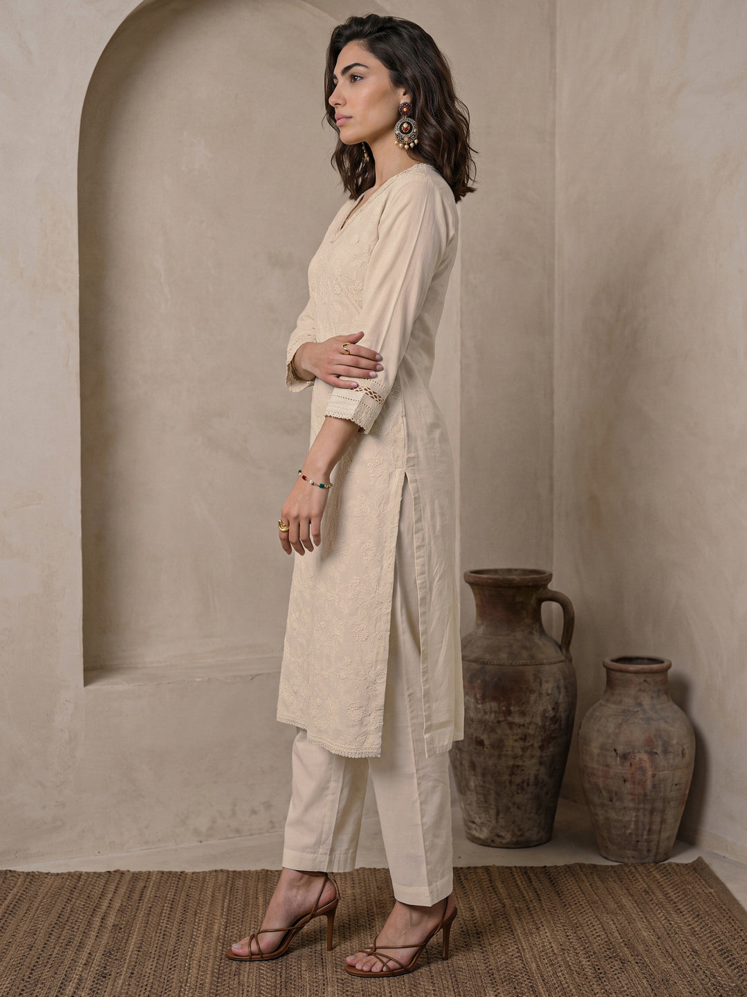  Libas Off White Floral Embroidered Cotton Straight Suit Set 