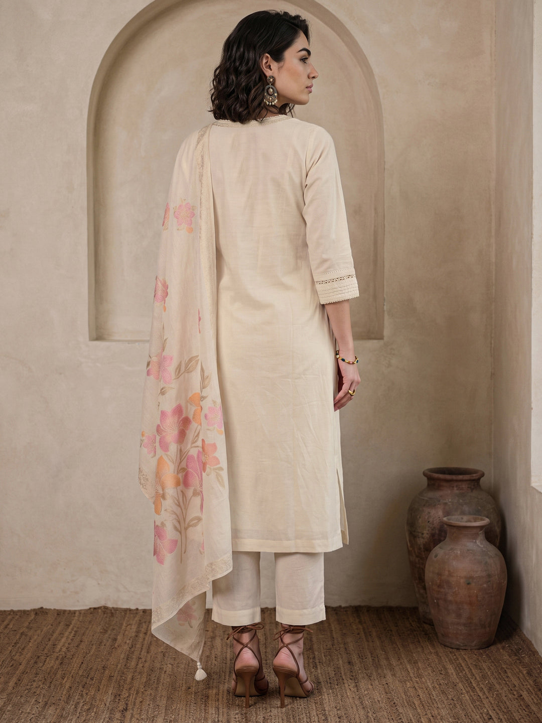  Libas Off White Floral Embroidered Cotton Straight Suit Set 
