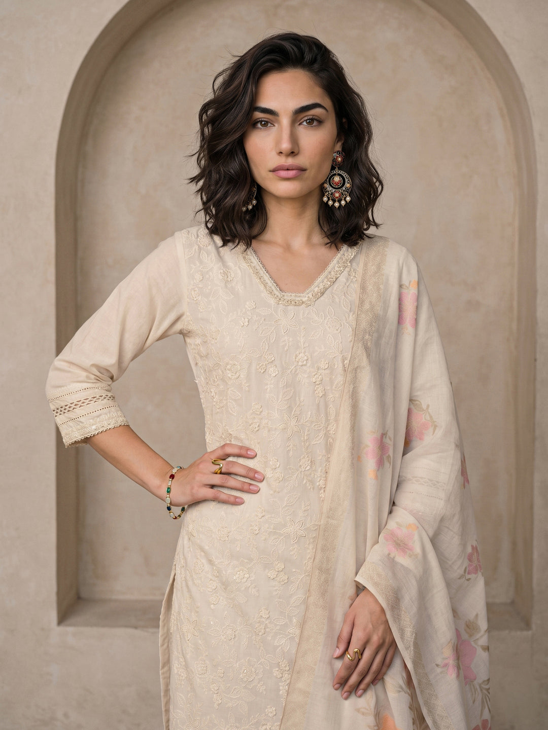  Libas Off White Floral Embroidered Cotton Straight Suit Set 