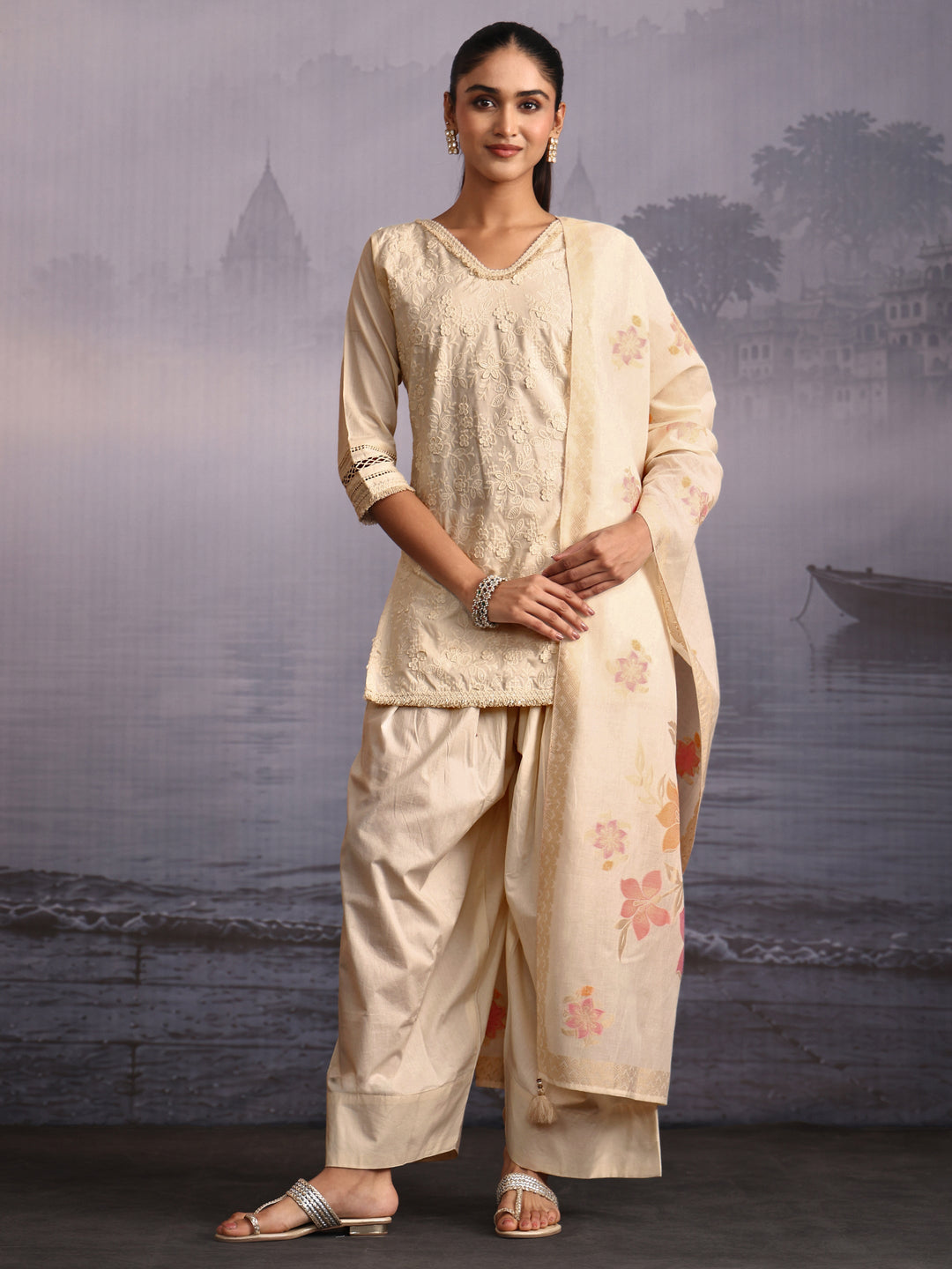  Libas Off White Floral Embroidered Cotton Farshi Salwar Suit 