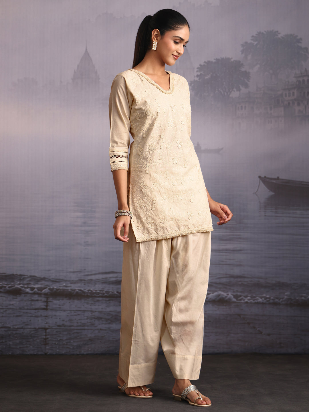  Libas Off White Floral Embroidered Cotton Farshi Salwar Suit 