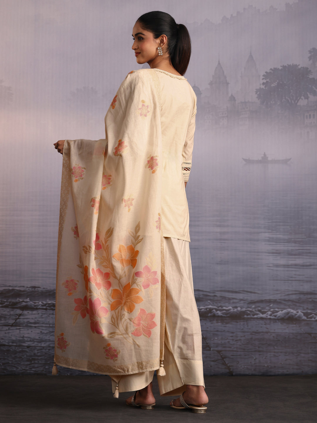  Libas Off White Floral Embroidered Cotton Farshi Salwar Suit 