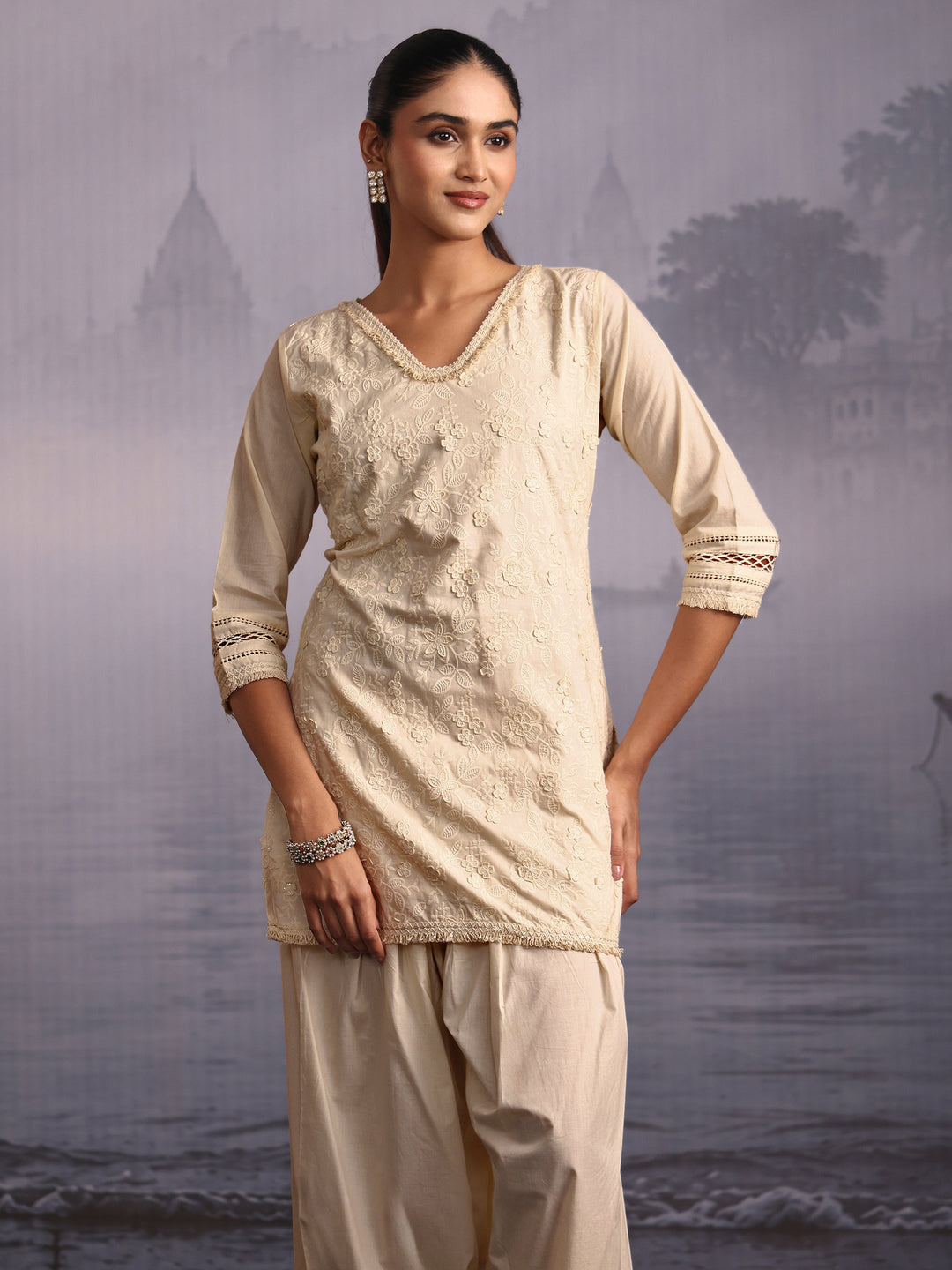  Libas Off White Floral Embroidered Cotton Farshi Salwar Suit 