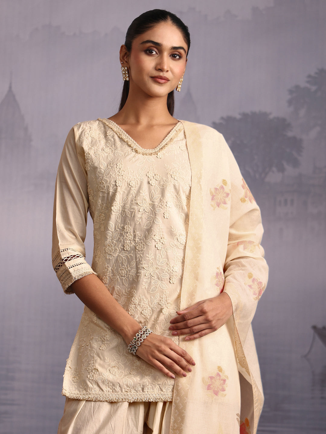 Libas Off White Floral Embroidered Cotton Farshi Salwar Suit 