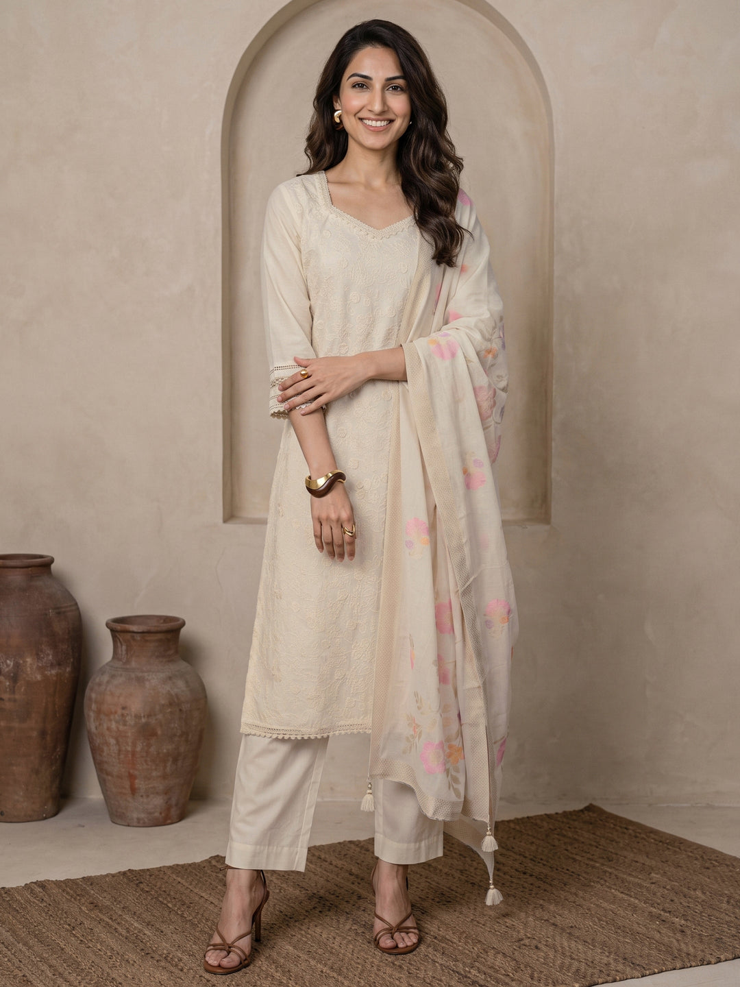  Libas Cream Floral Embroidered Cotton Straight Suit Set 