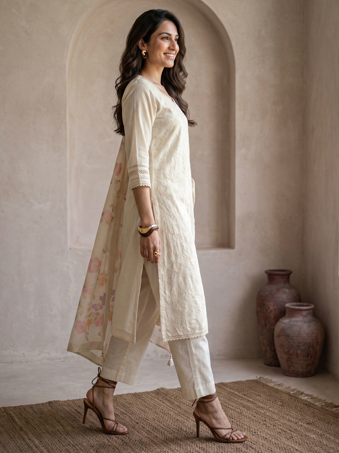  Libas Cream Floral Embroidered Cotton Straight Suit Set 