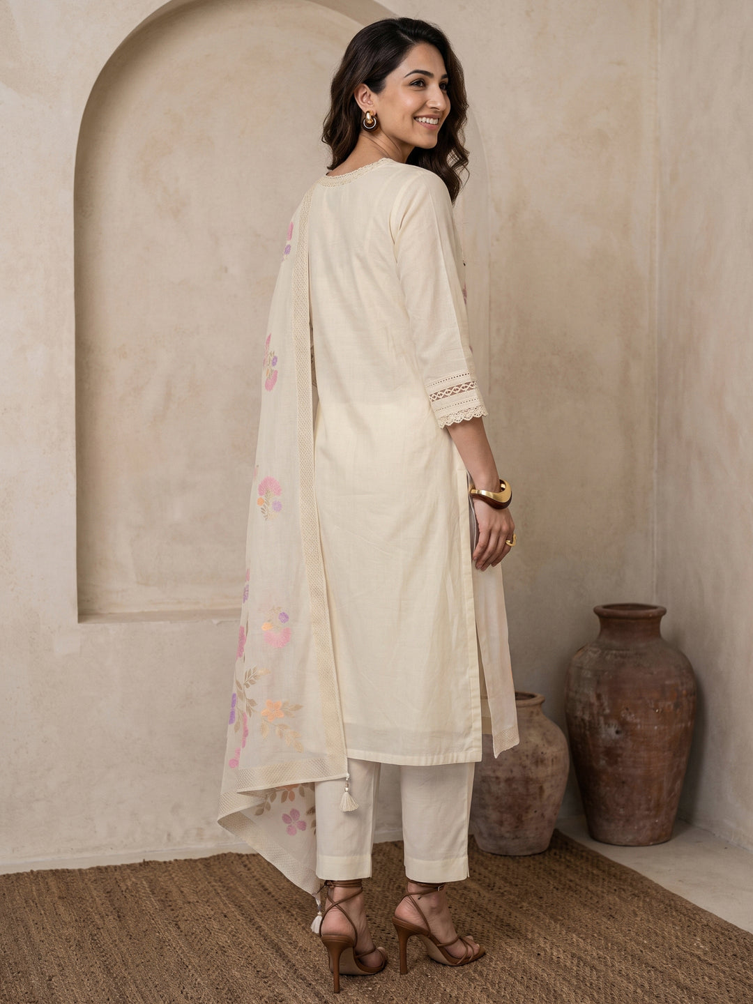  Libas Cream Floral Embroidered Cotton Straight Suit Set 