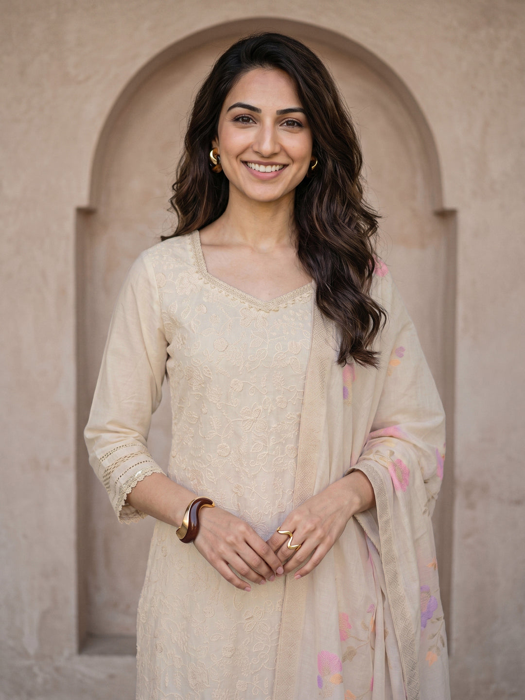  Libas Cream Floral Embroidered Cotton Straight Suit Set 