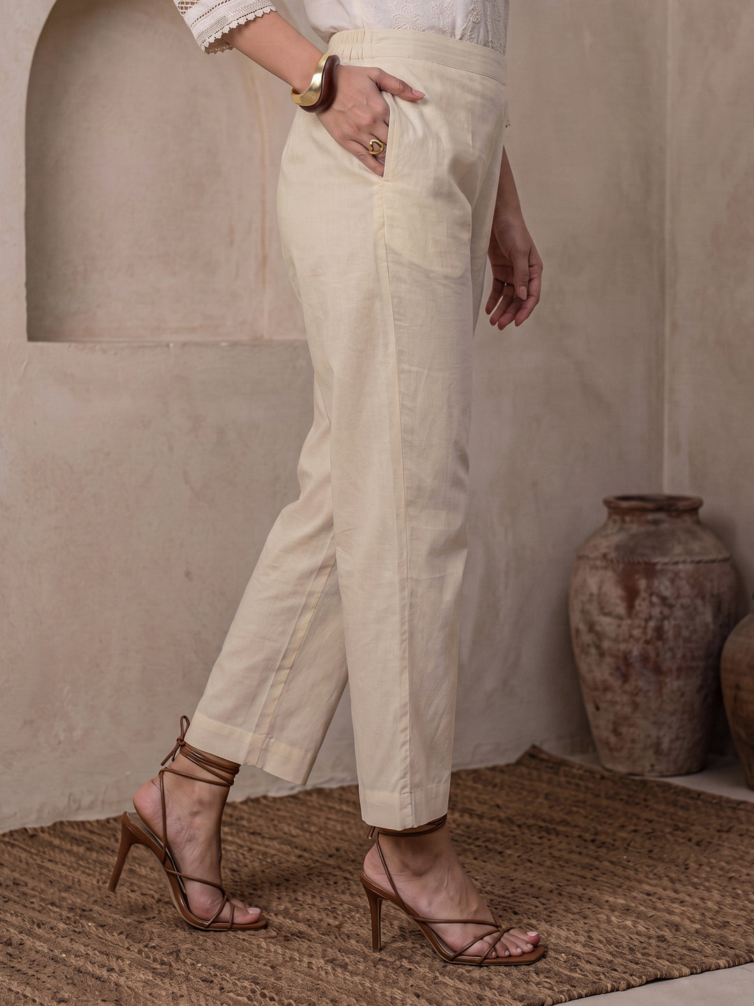  Libas Cream Floral Embroidered Cotton Straight Suit Set 