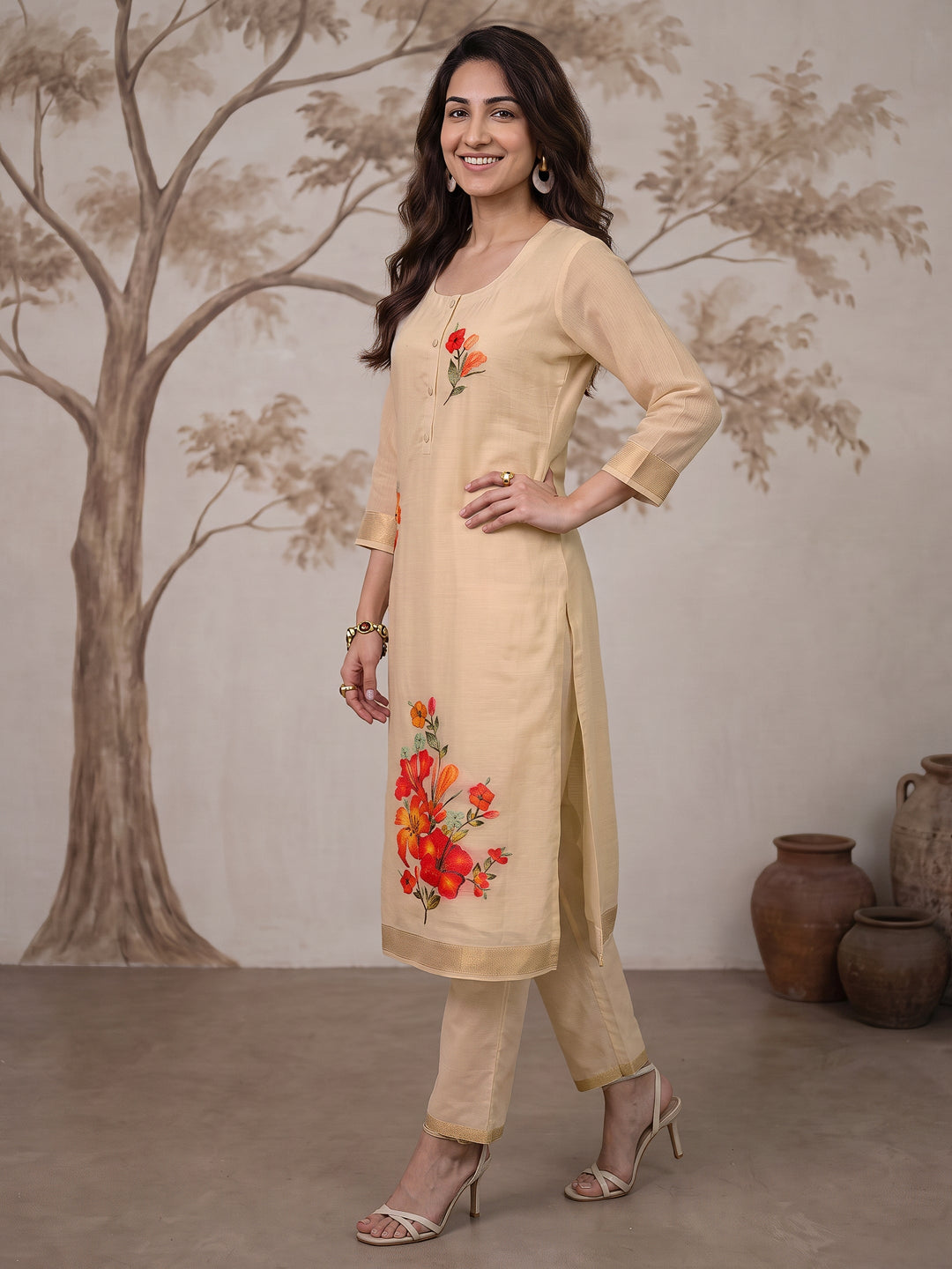  Libas Off White Floral Woven Design Cotton Straight Suit Set 