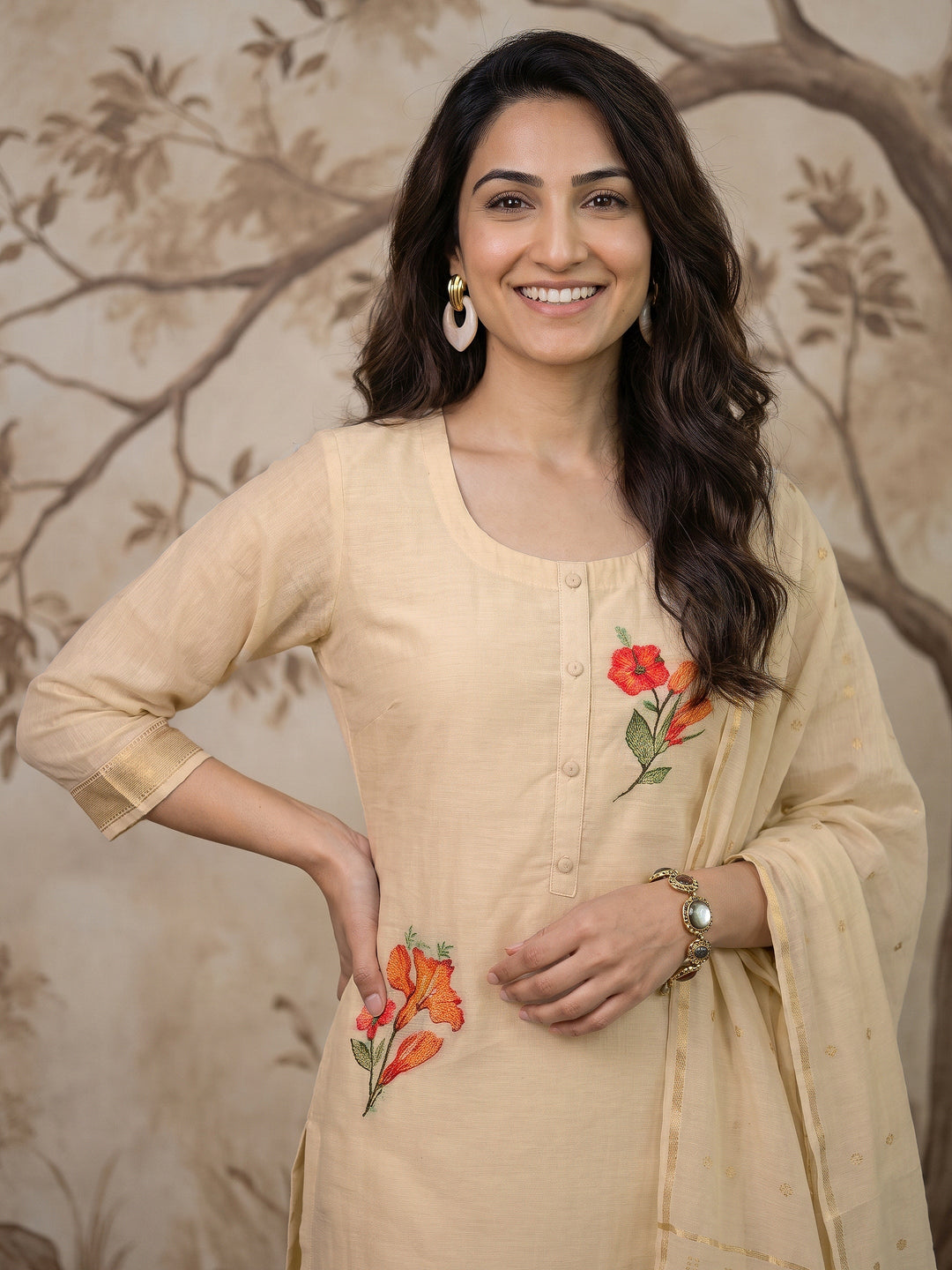  Libas Off White Floral Woven Design Cotton Straight Suit Set 