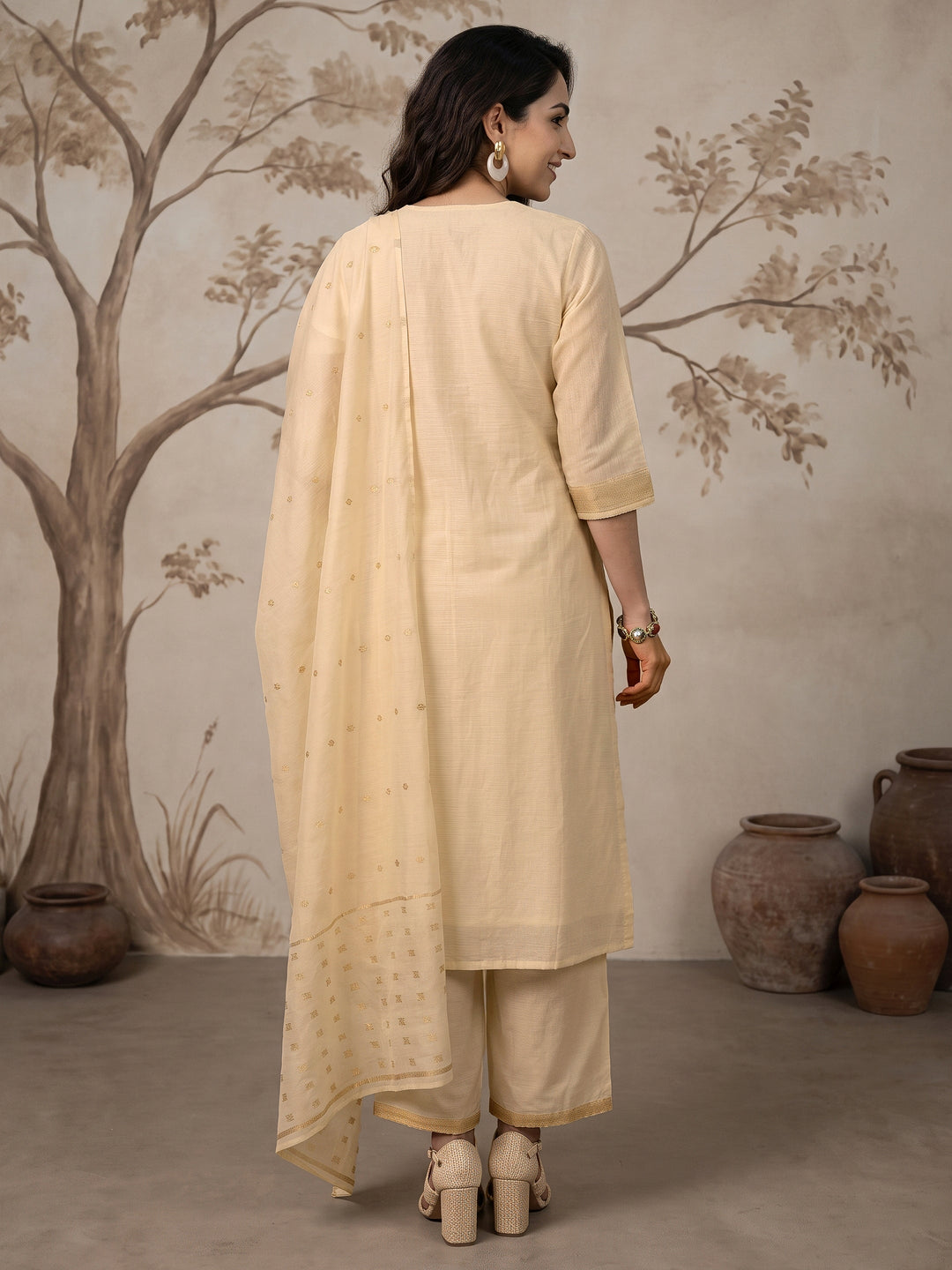 Libas Off White Floral Woven Design Cotton Straight Suit Set 