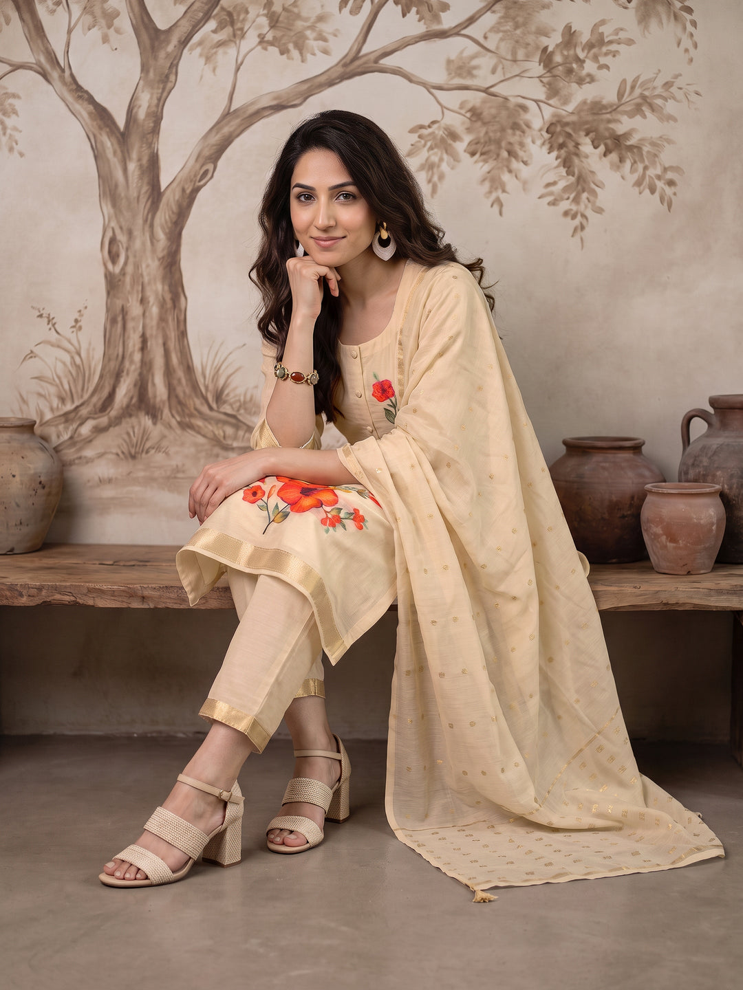  Libas Off White Floral Woven Design Cotton Straight Suit Set 