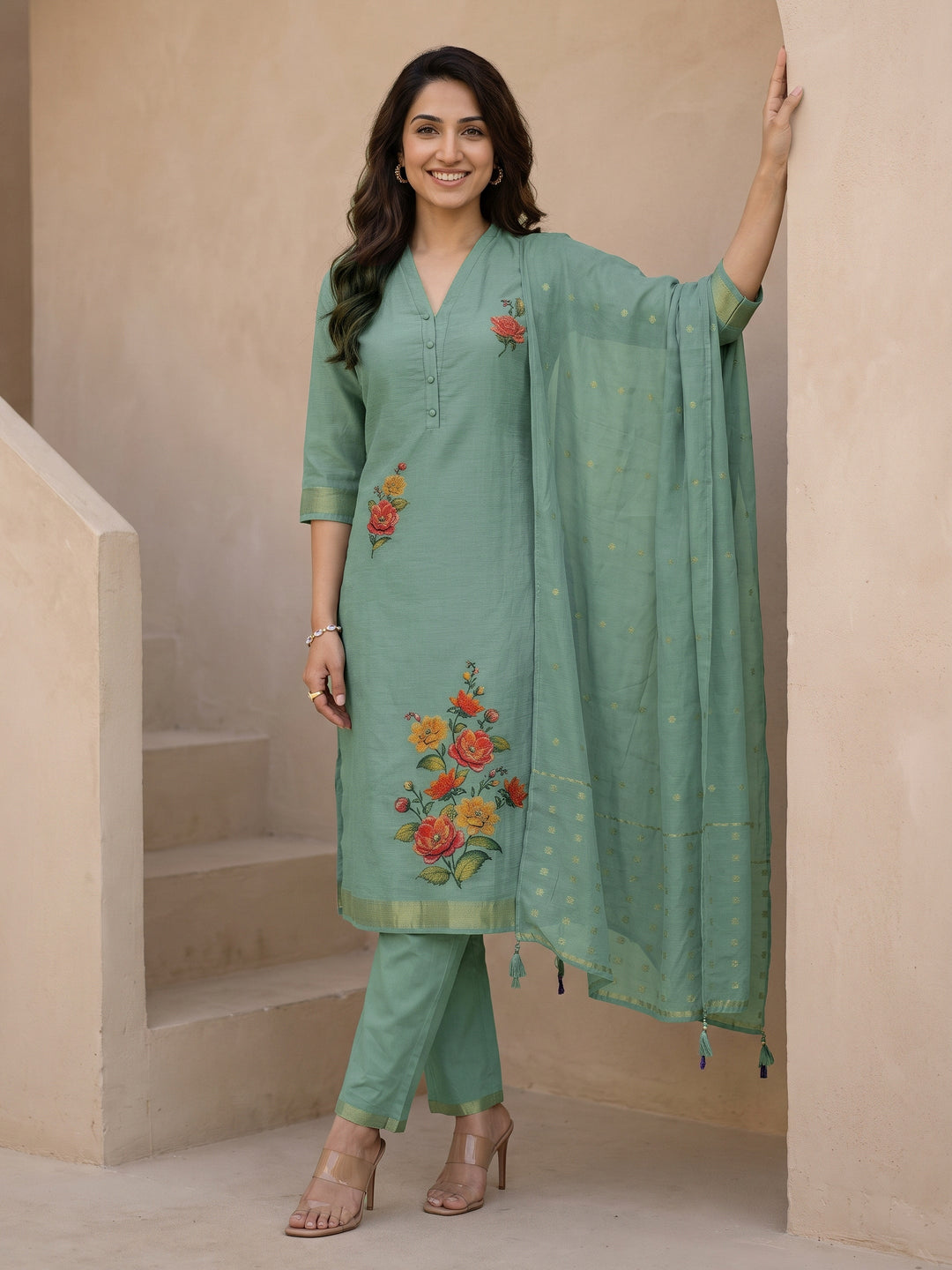  Libas Blue Floral Printed Silk Blend Straight Suit Set 