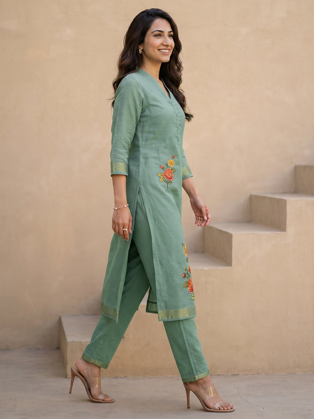  Libas Blue Floral Printed Silk Blend Straight Suit Set 