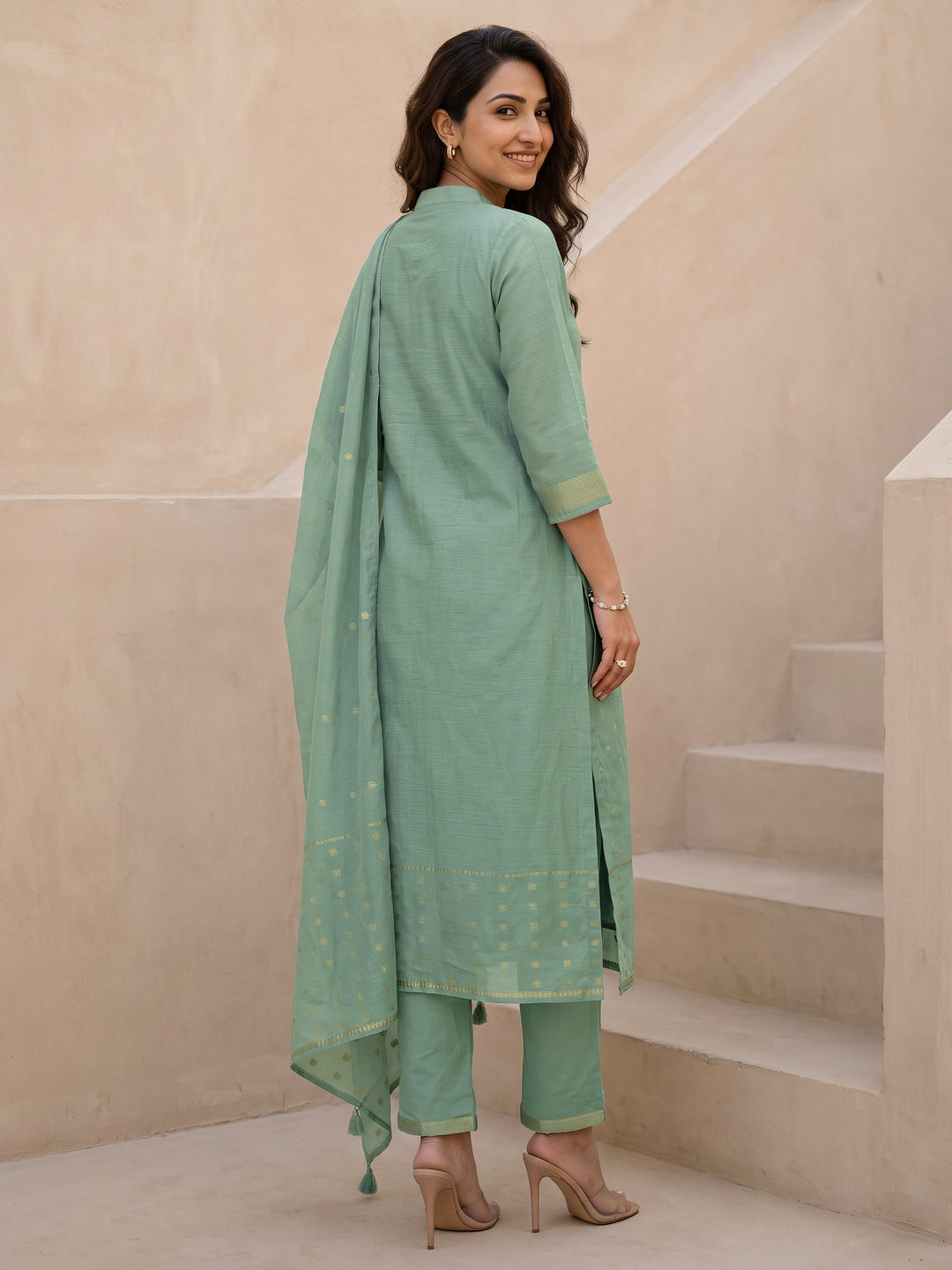  Libas Blue Floral Printed Silk Blend Straight Suit Set 
