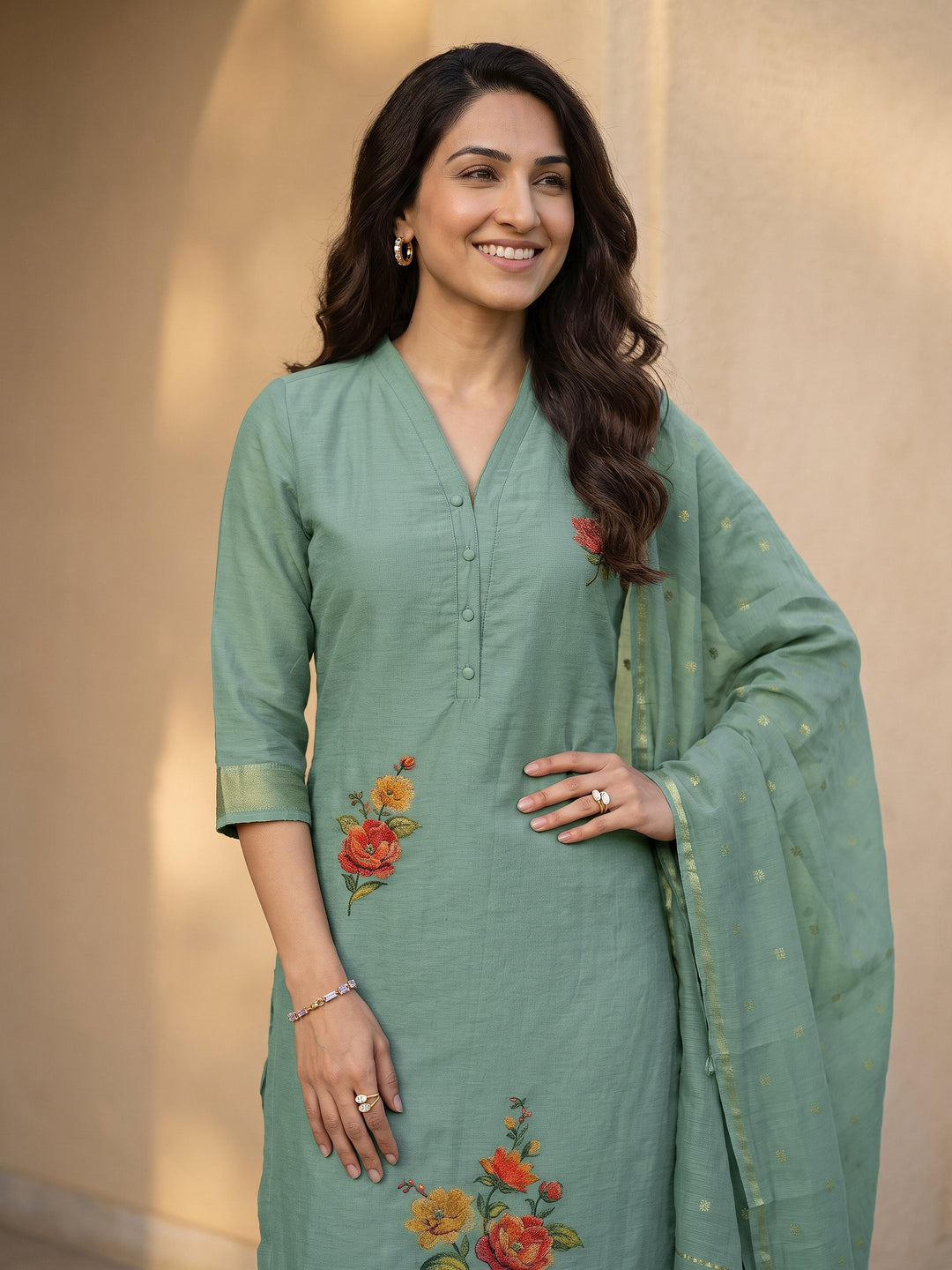  Libas Blue Floral Printed Silk Blend Straight Suit Set 