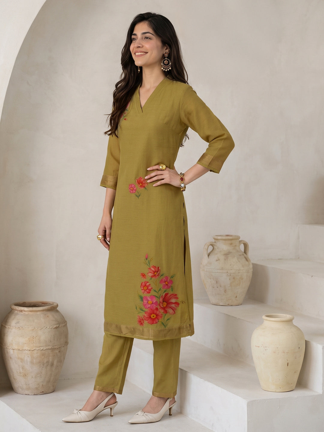  Libas Henna Green Floral Printed Silk Blend Straight Suit Set 