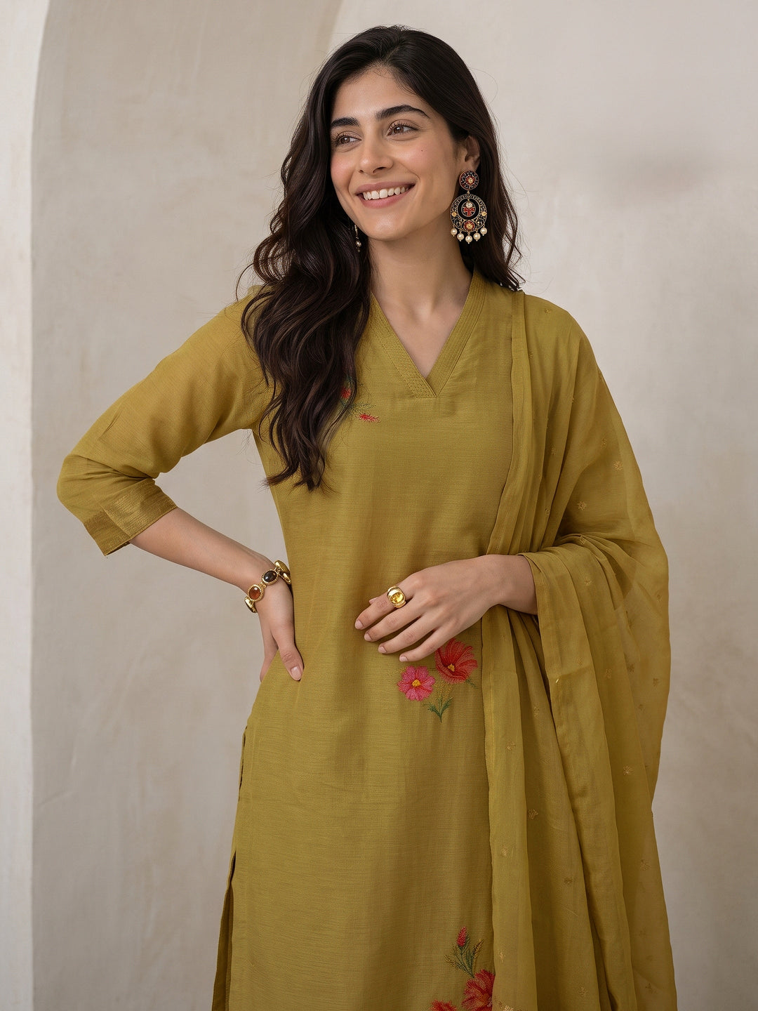  Libas Henna Green Floral Printed Silk Blend Straight Suit Set 