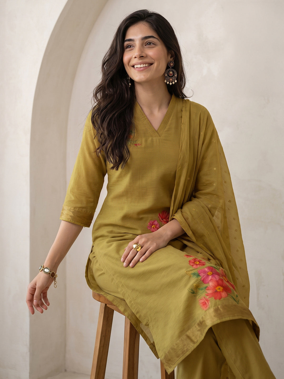  Libas Henna Green Floral Printed Silk Blend Straight Suit Set 