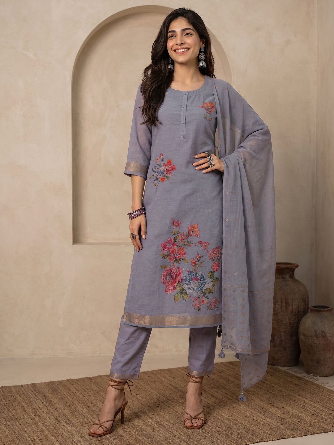  Libas Dusty Lavender Floral Printed Chanderi cotton Straight Suit Set 