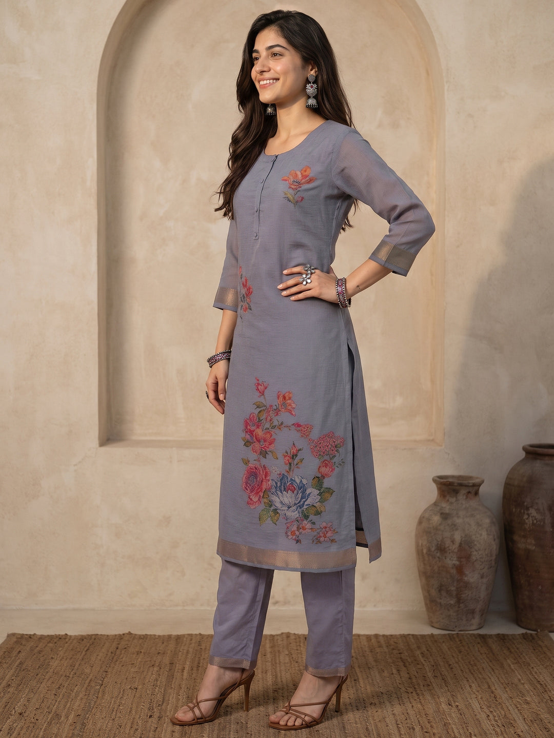  Libas Dusty Lavender Floral Printed Chanderi cotton Straight Suit Set 