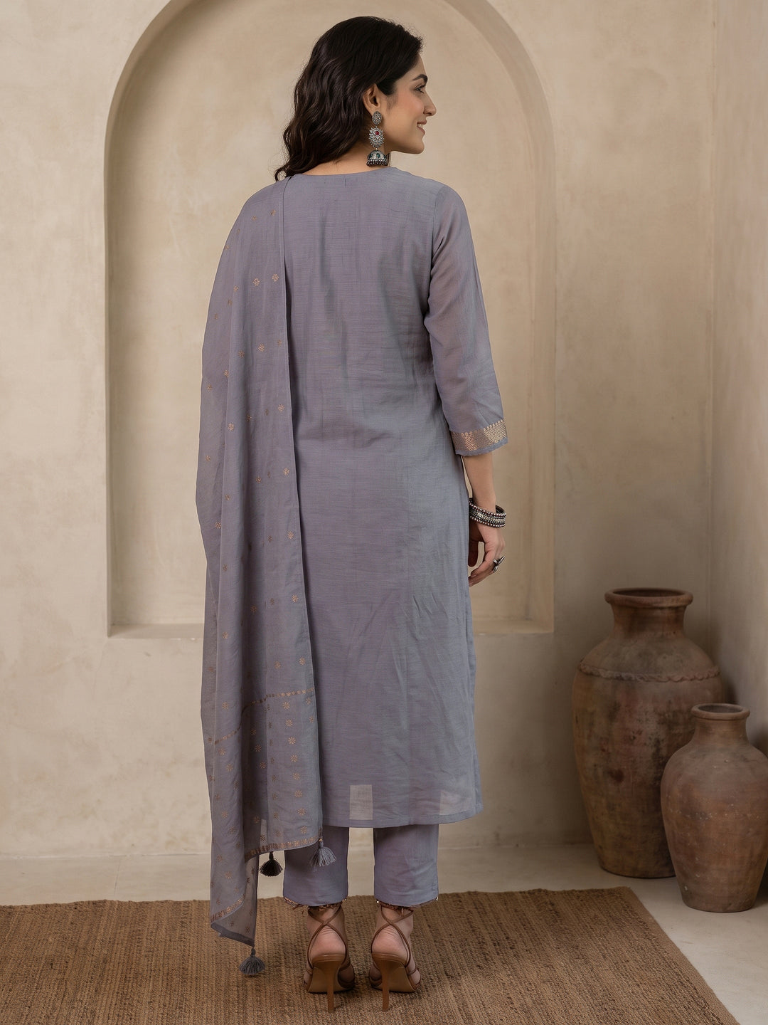  Libas Dusty Lavender Floral Printed Chanderi cotton Straight Suit Set 