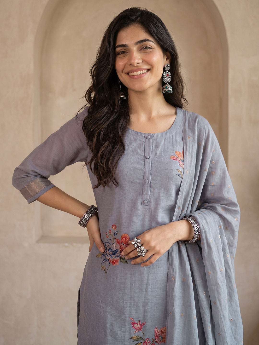  Libas Dusty Lavender Floral Printed Chanderi cotton Straight Suit Set 