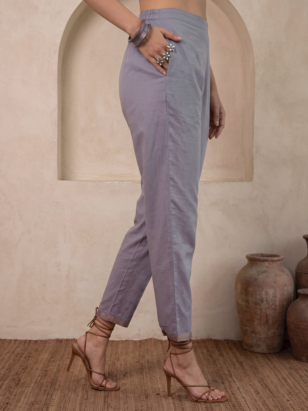  Libas Dusty Lavender Floral Printed Chanderi cotton Straight Suit Set 