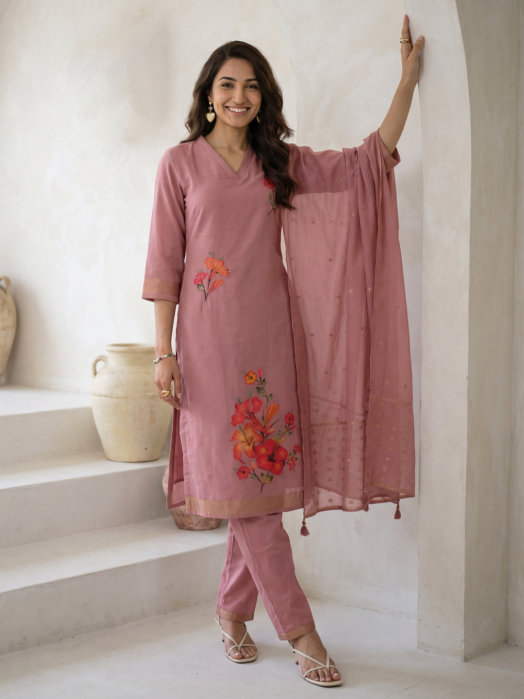  Libas Dusty Rose Pink Floral Printed Silk Blend Straight Suit Set 