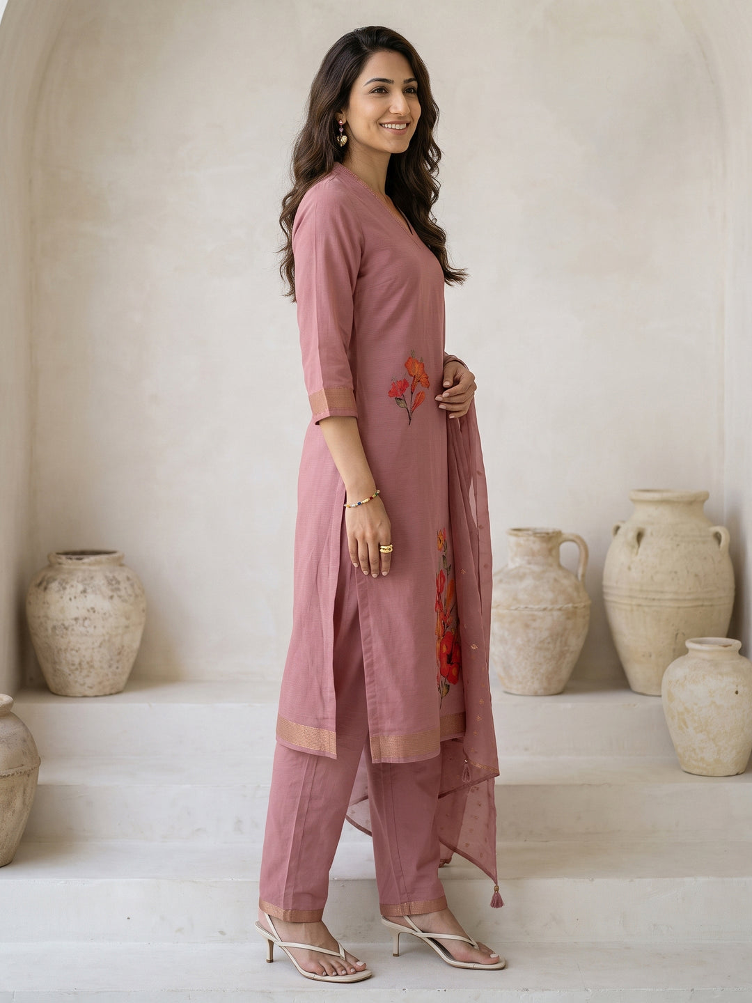  Libas Dusty Rose Pink Floral Printed Silk Blend Straight Suit Set 